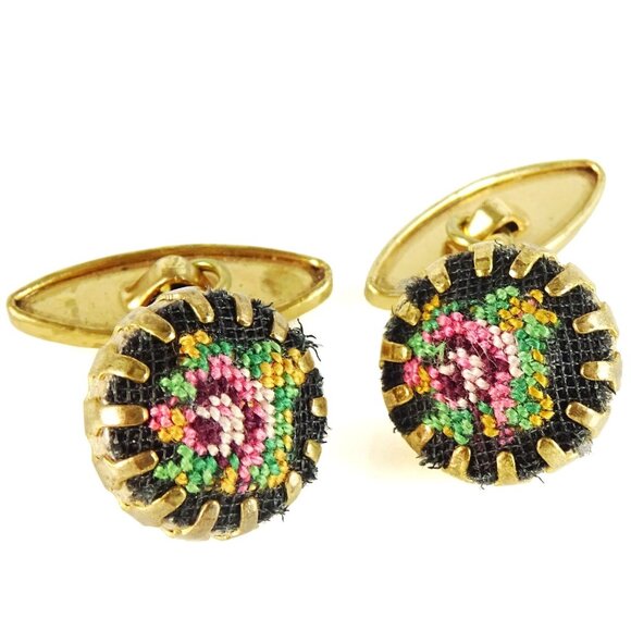 Rose Floral Embroidered Vintage Loose Link Cufflinks Unisex - Picture 1 of 3